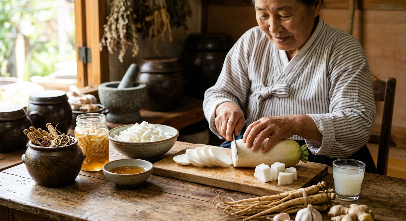가래 완화에 도움 되는 무차와 생무 슬라이스 이미지