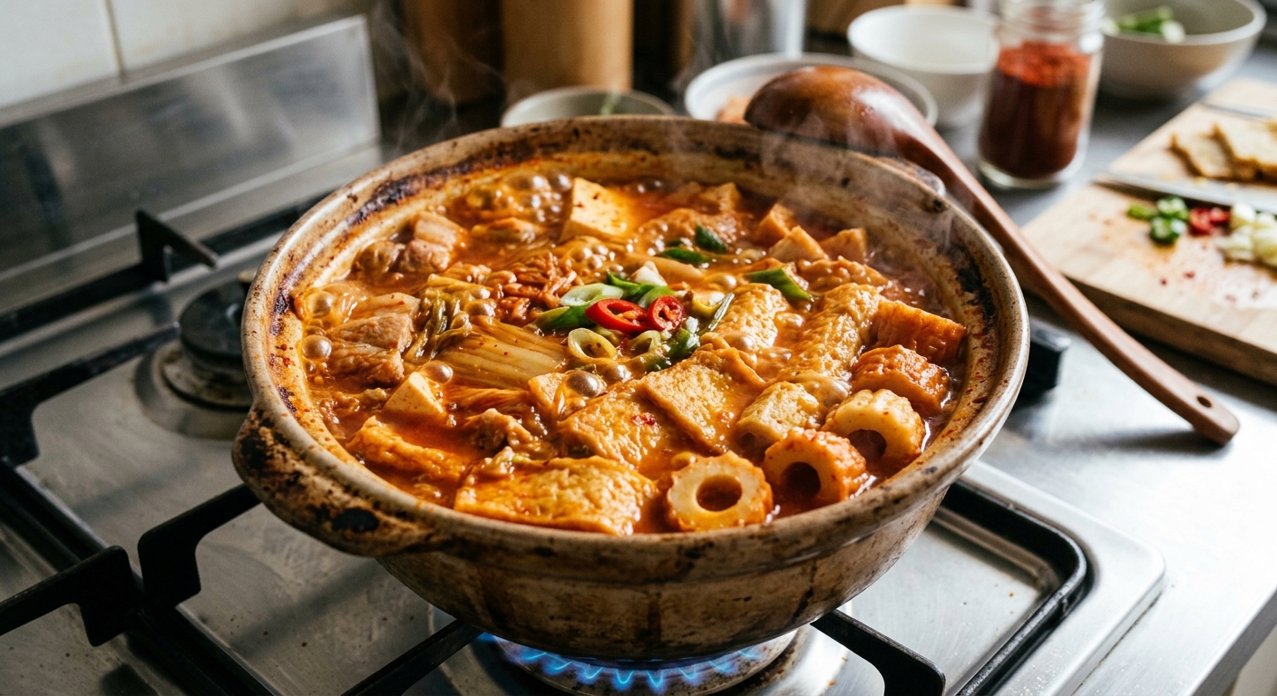 김치찌개가 거의 완성된 상태에서 어묵을 넣는 조리 장면