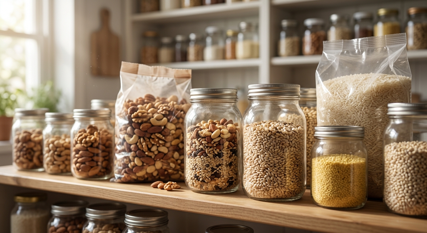 유리병과 봉지에 담긴 견과류와 곡물이 주방에 놓인 장면