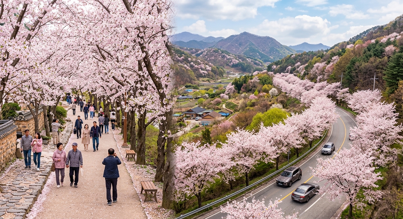 걷기 좋은 벚꽃 산책로와 차량으로 달리는 벚꽃 드라이브 코스를 보여주는 장면