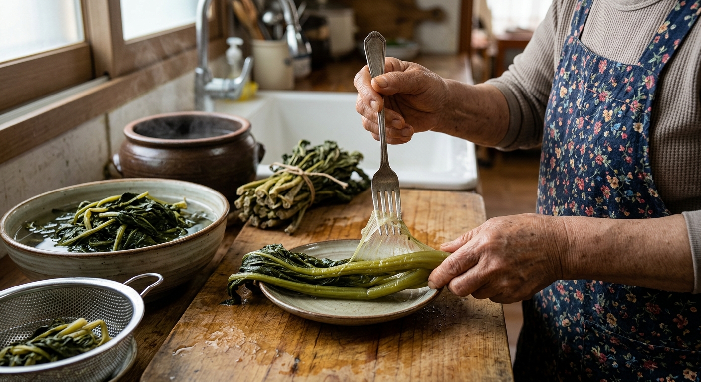 냄비에서 푹 삶아진 시래기를 건져내는 모습
