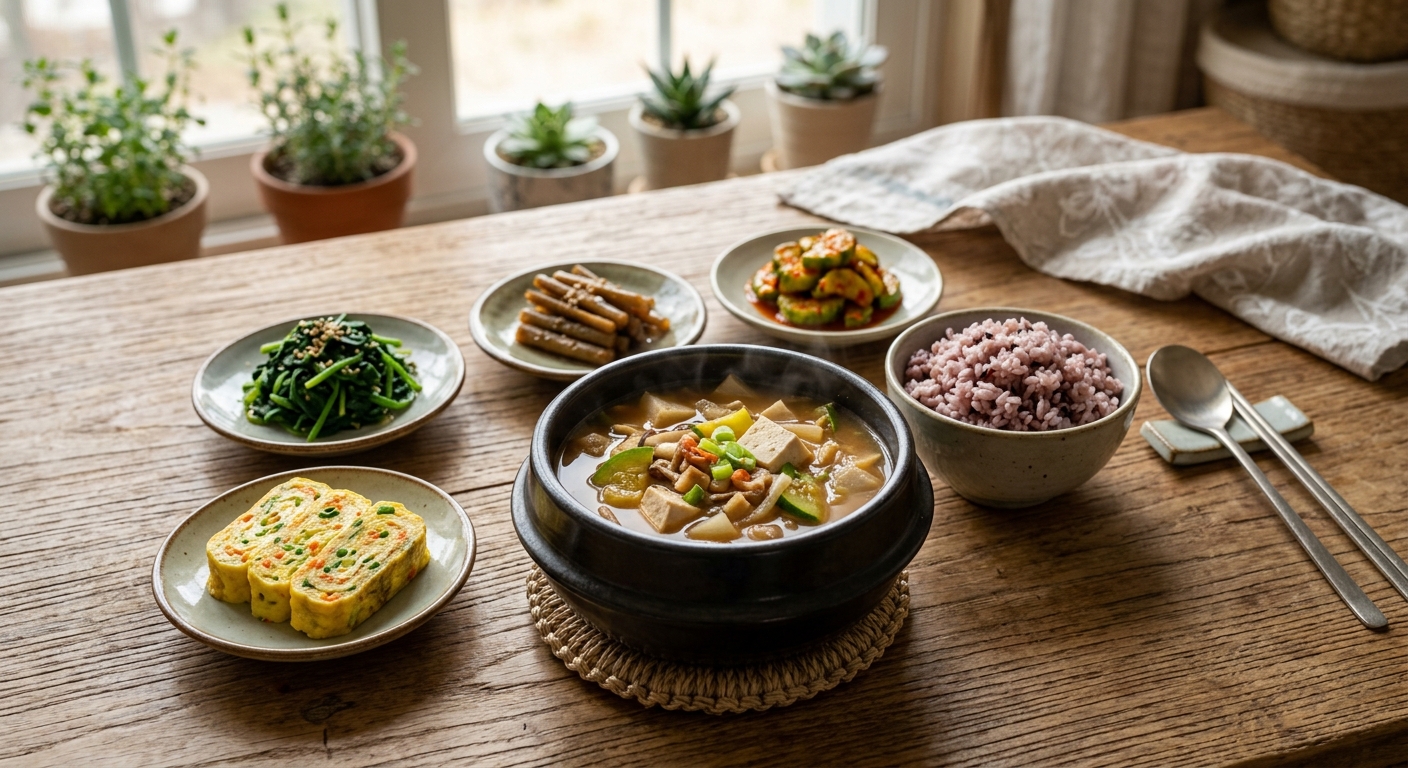 애호박과 버섯이 들어간 된장국과 채소 반찬으로 구성된 아침 식사