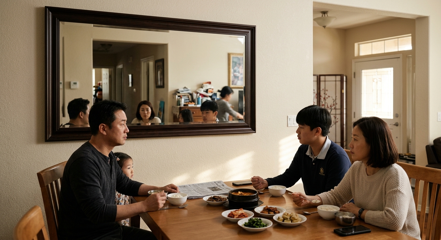 가족 식탁 앞 거울을 피하고 안정감 있게 꾸민 다이닝룸