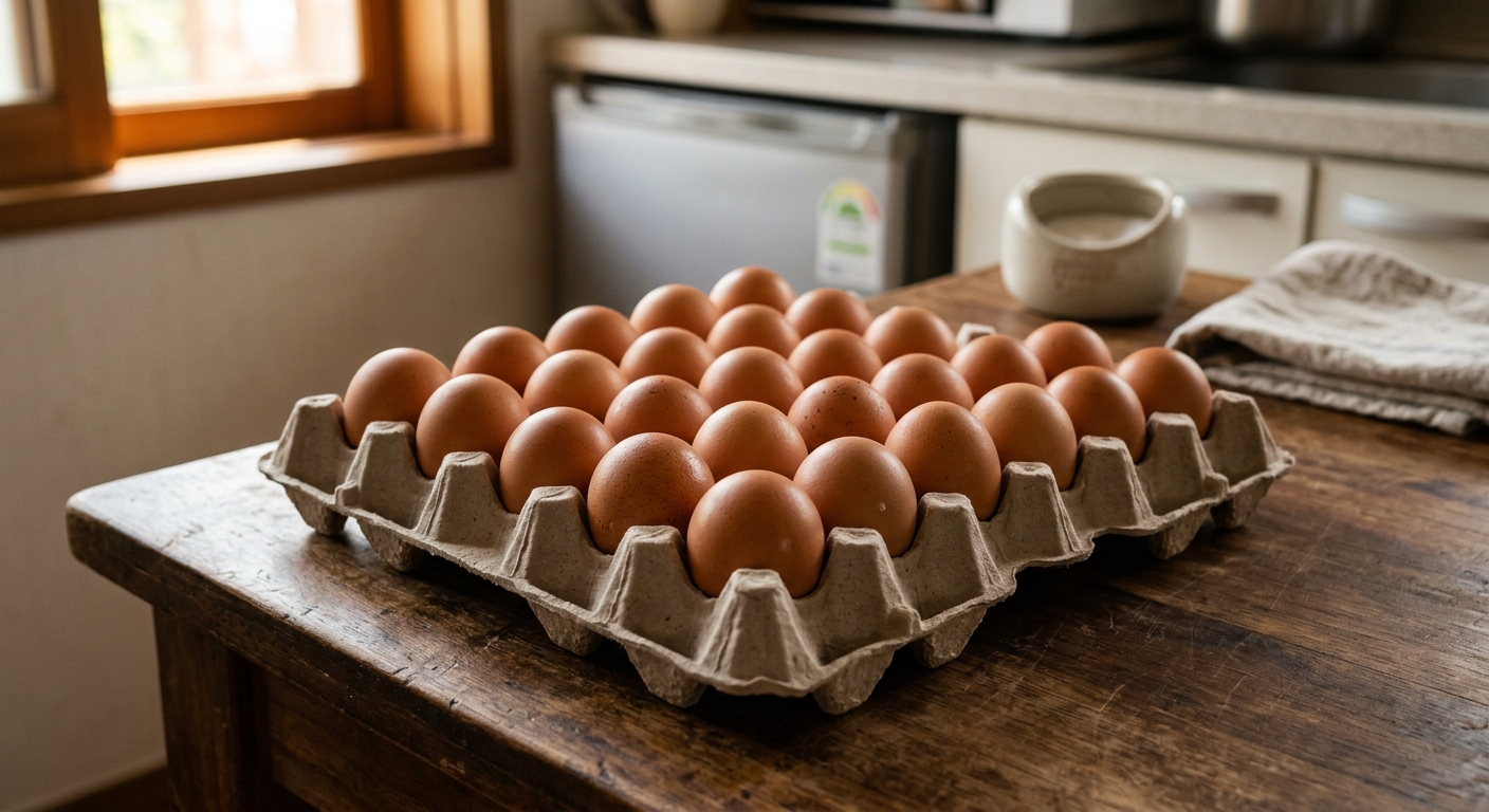 가정집 냉장고에 보관된 계란과 장보기 메모가 함께 있는 모습