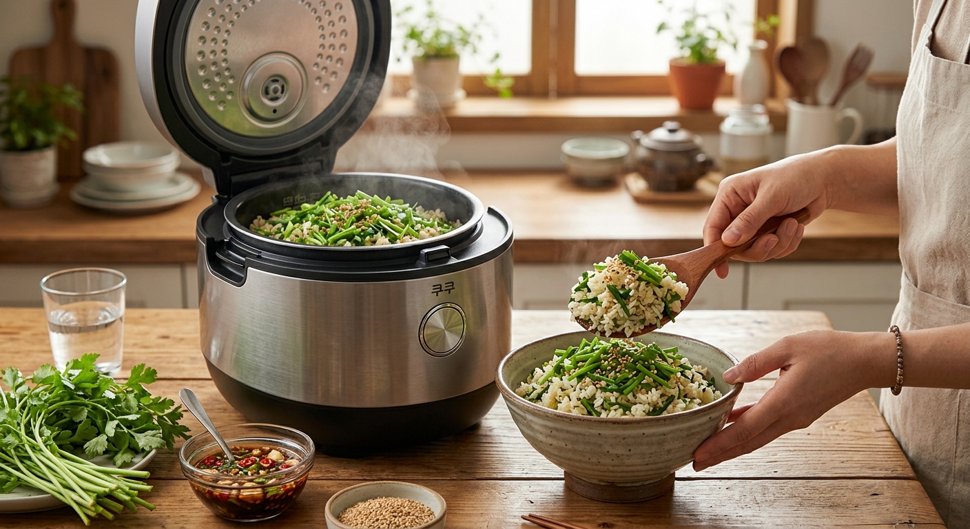 전기밥솥에서 완성된 미나리밥을 주걱으로 부드럽게 섞는 장면