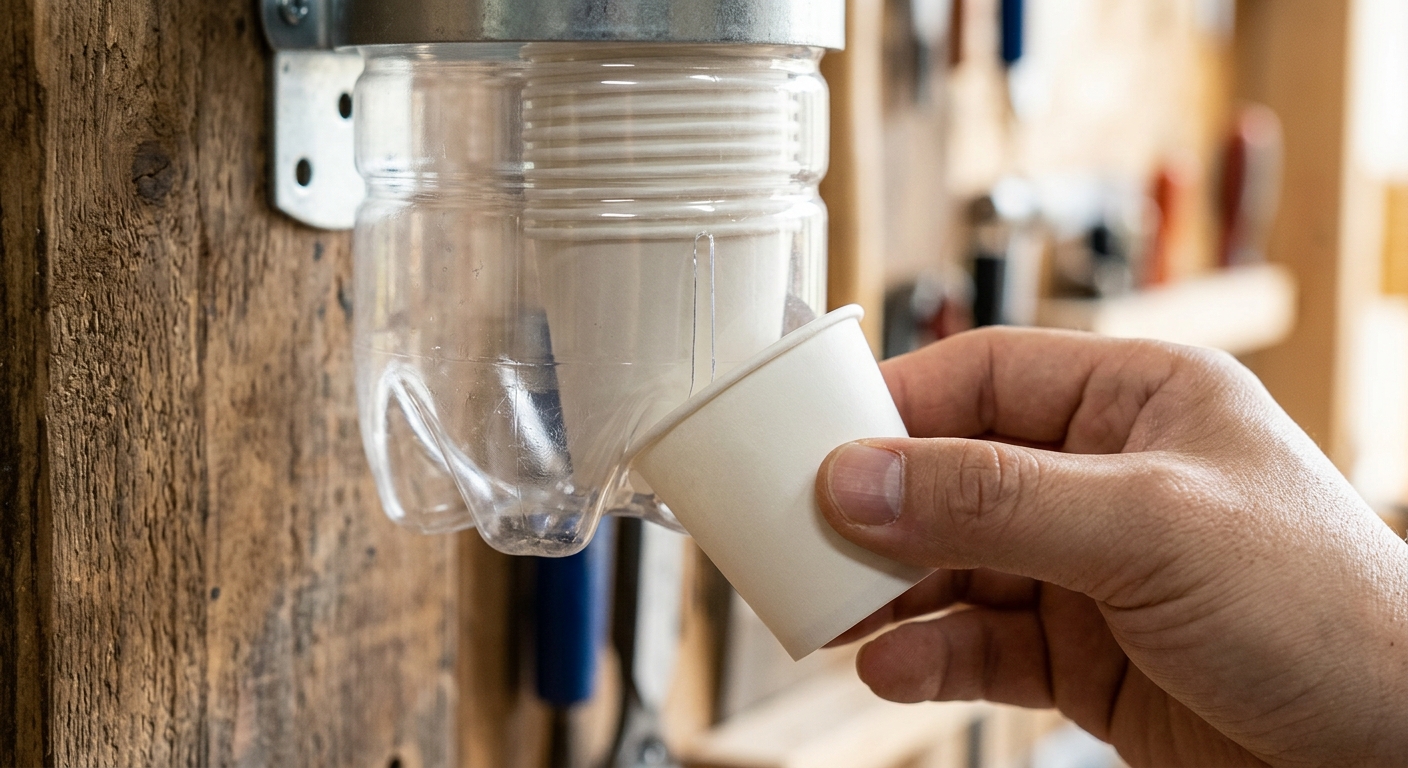 페트병 입구 부분에 종이컵 크기를 맞춘 구멍과 세로 절개선이 보이는 클로즈업 사진