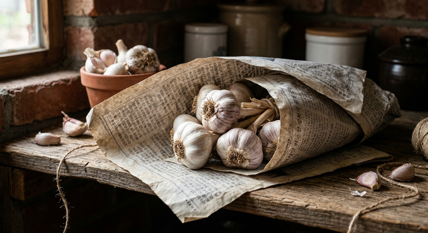보관 용기 안에 신문지를 깔고 통마늘을 층층이 담아둔 모습