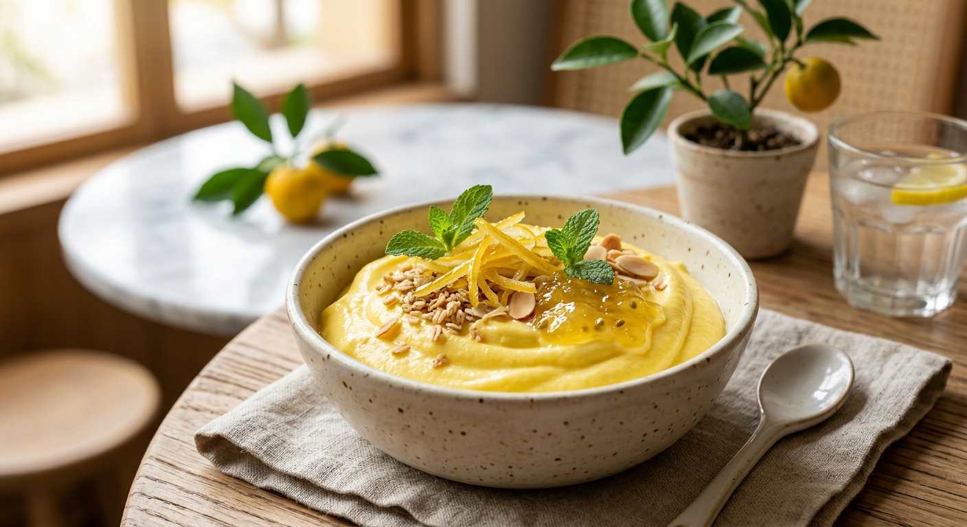 유자 향이 느껴지는 부드러운 고단백 무스 디저트 클로즈업