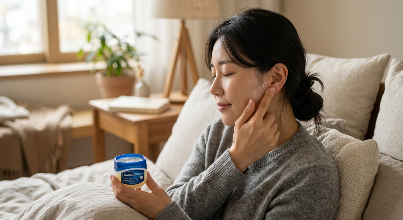 귀 주변에 소량의 바세린을 바르고 부드럽게 원을 그리며 마사지하는 모습