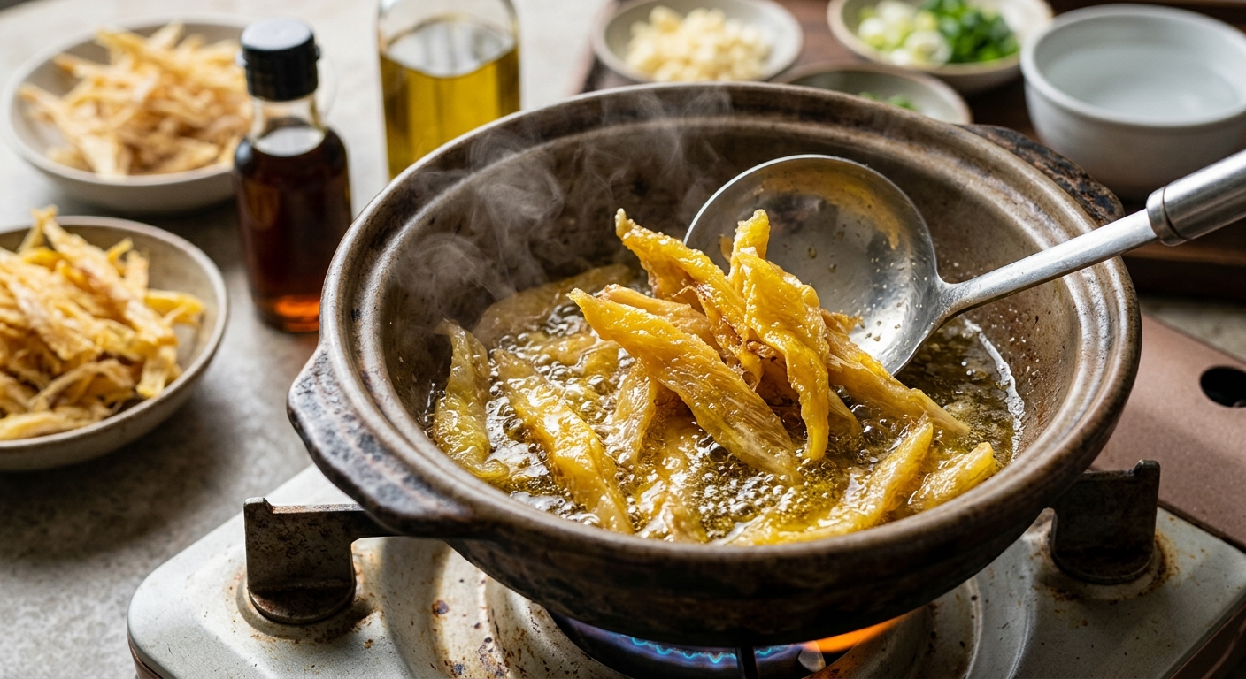 들기름과 올리브오일로 황태채를 버무리는 과정