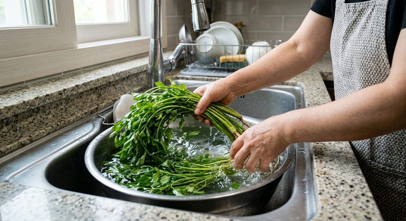 큰 볼에 담긴 물 속에서 살살 흔들며 세척하는 미나리