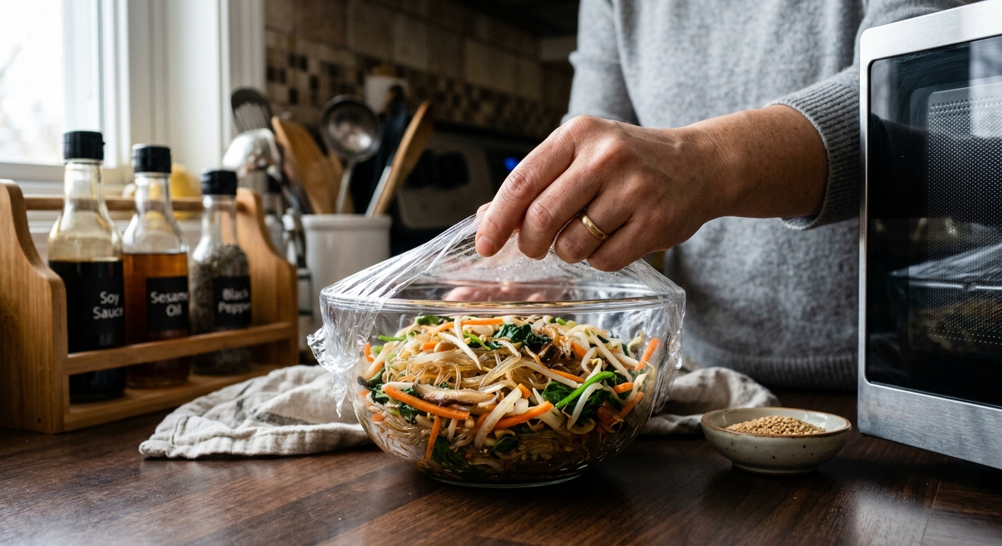 익은 당면과 콩나물에 간장 양념을 부어 섞는 잡채 조리 장면