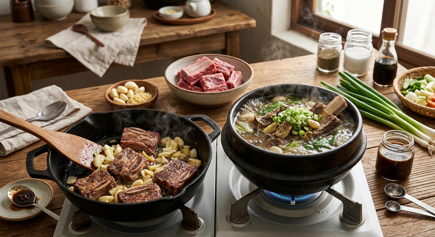 팬에서 얇은 고기와 다진 마늘을 볶고 있는 모습