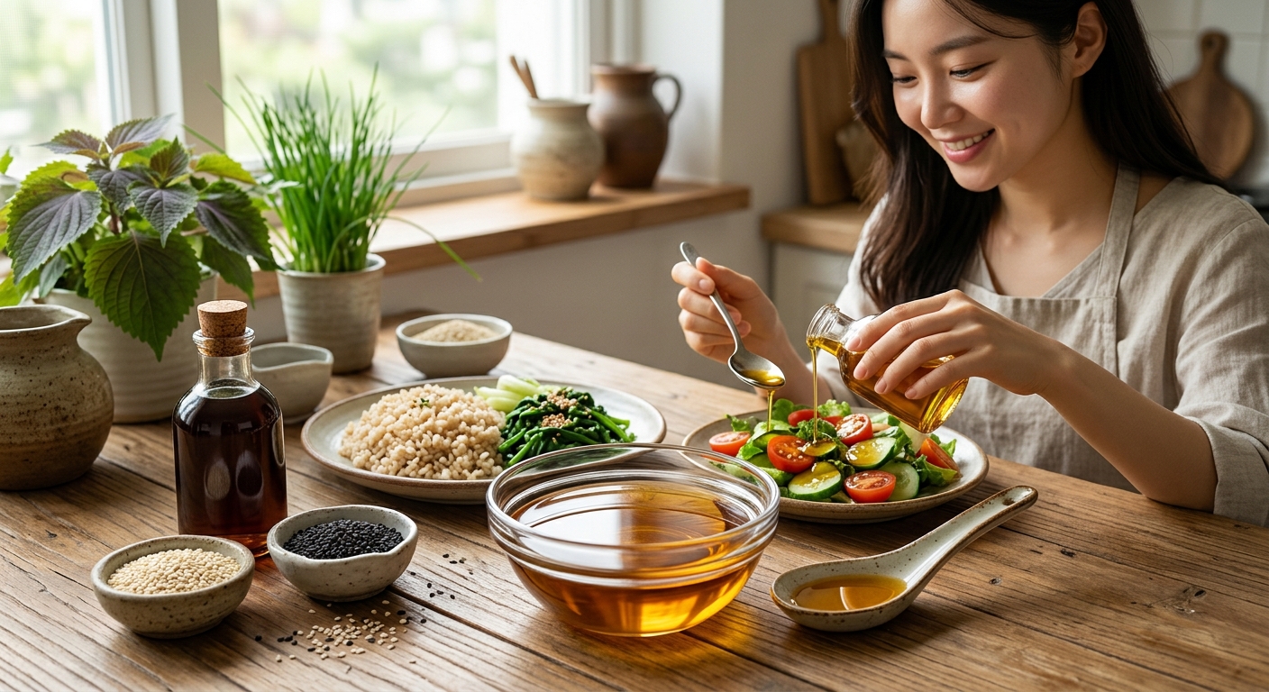 두부와 채소 위에 참기름을 뿌린 담백한 건강식 한 접시