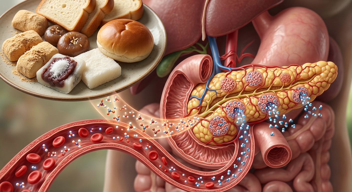 빵과 떡, 단 음료가 함께 놓인 혈당 상승 유발 식품 이미지
