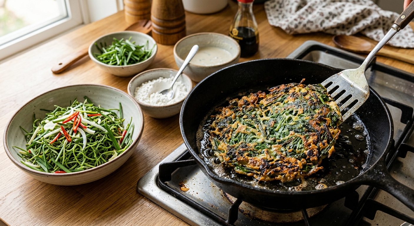 볼에 담긴 세발나물 부침개 반죽과 가루 재료