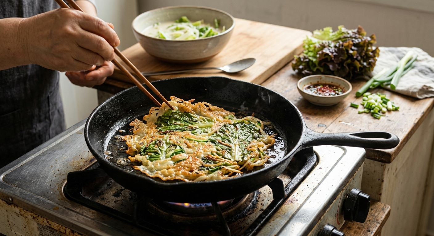 계란과 가루, 물을 섞어 묽게 만든 상추전 반죽을 젓는 장면