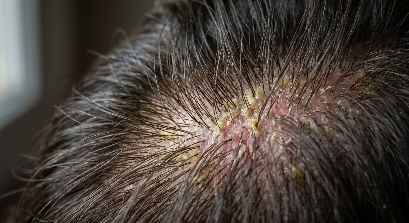 두피 모공과 모낭 주변에 피지와 각질이 쌓인 모습을 표현한 이미지