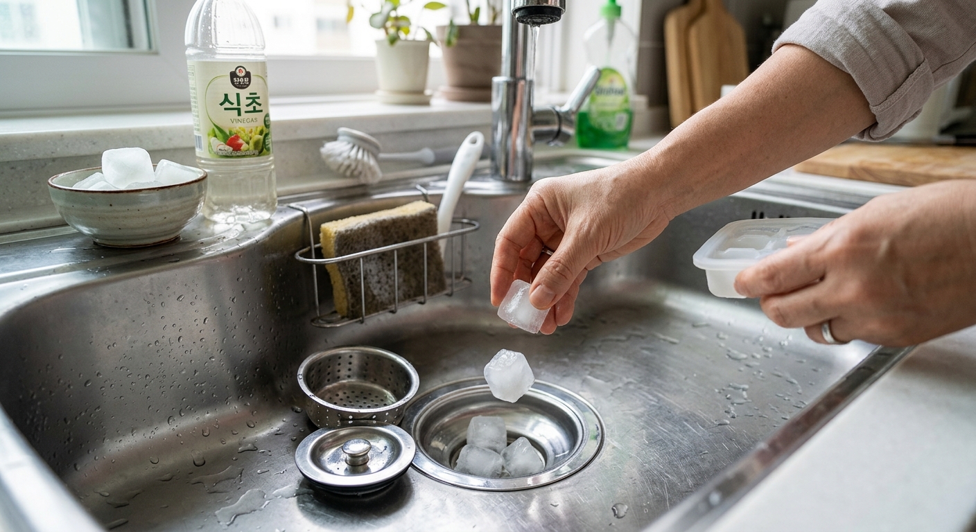 주방 싱크대 배수구에 식초 얼음을 넣는 손의 클로즈업