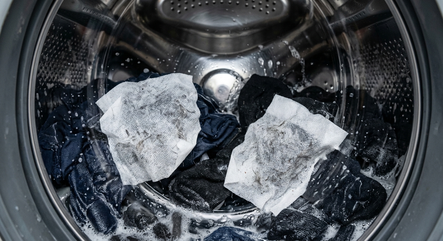 건조한 계절 세탁물의 정전기와 먼지 재부착을 설명하는 이미지