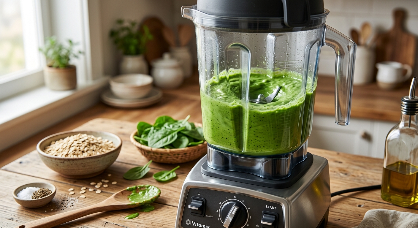 믹서기 안에서 오트밀과 시금치가 곱게 갈리고 있는 모습