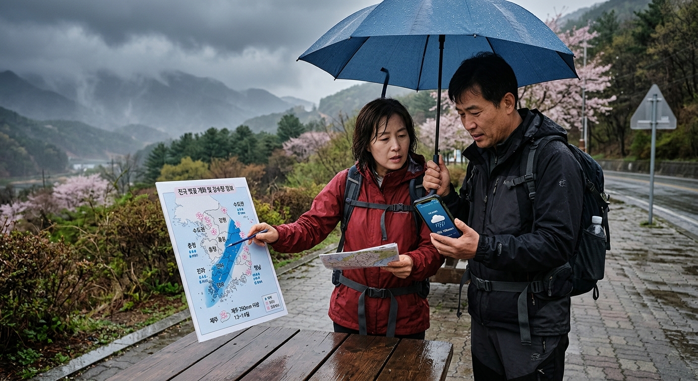 전국 각 지역에 비구름이 퍼져 있는 흐린 봄 하늘 이미지
