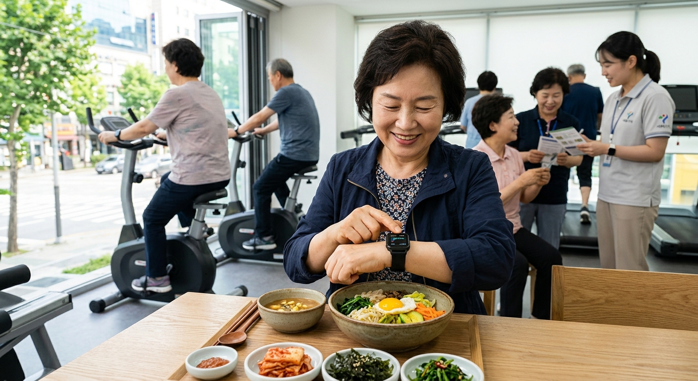 스마트워치와 모바일 앱으로 걸음 수와 건강 정보를 확인하는 시민의 손