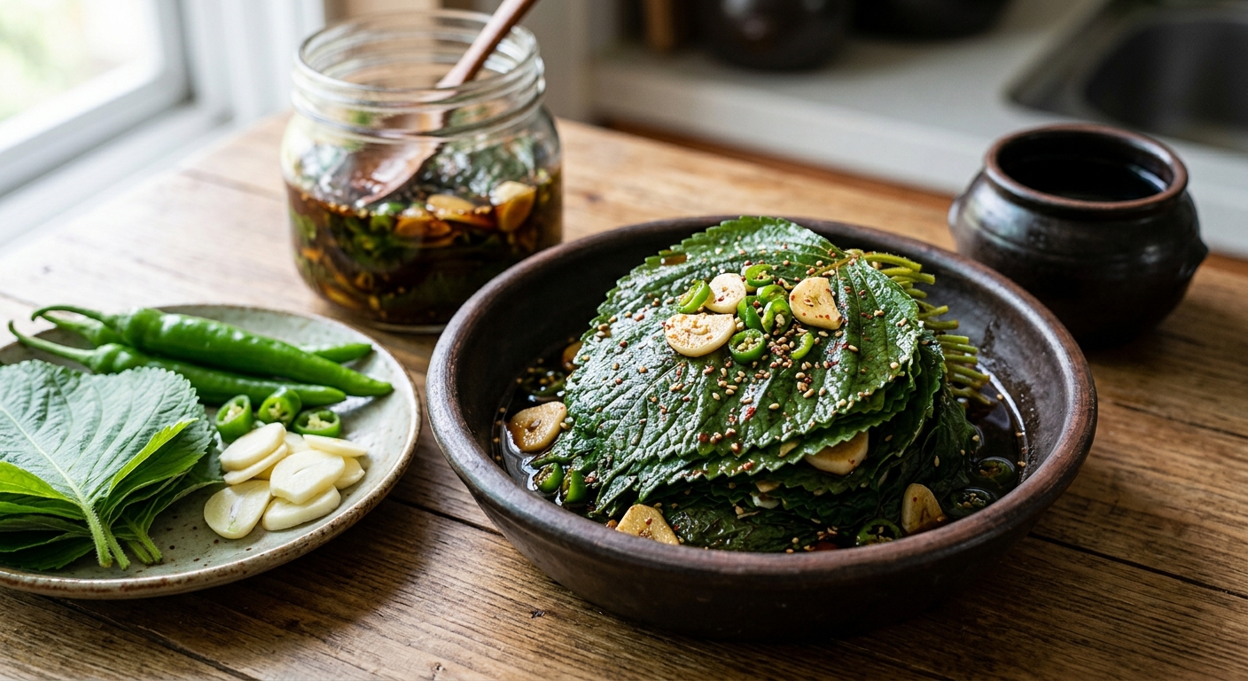 깻잎지에 넣을 청양고추와 편마늘이 도마 위에 손질된 모습