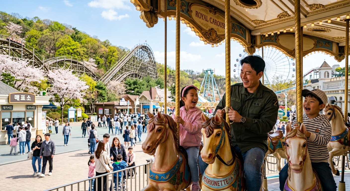 할인 혜택으로 놀이공원 입장을 준비하는 예비군과 봄 축제 분위기