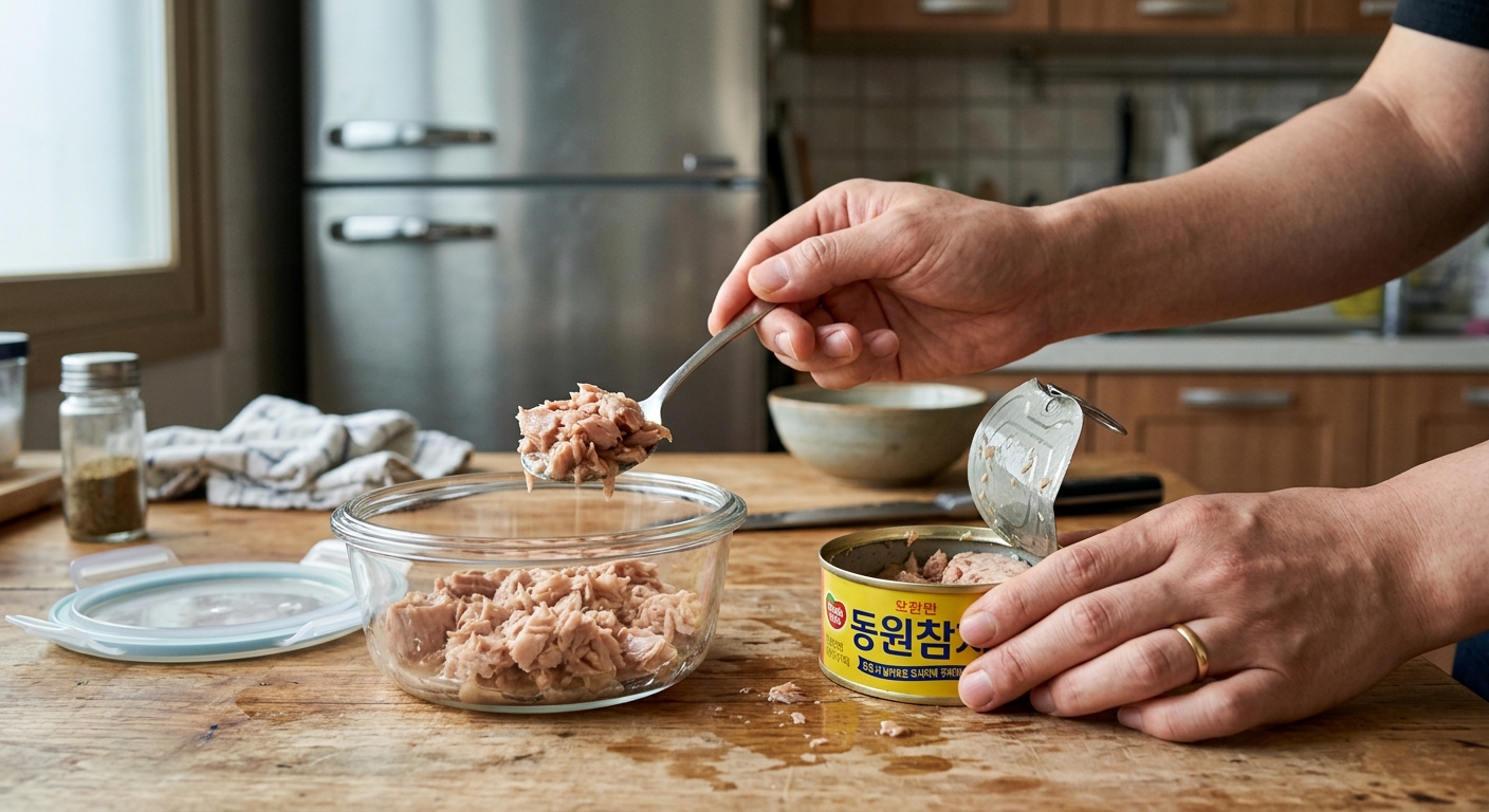 열어둔 참치캔과 옆에 준비된 유리 밀폐용기