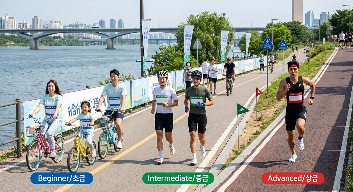 쉬엄쉬엄 한강 3종 축제 코스 선택 정보를 확인하는 참가자 모습