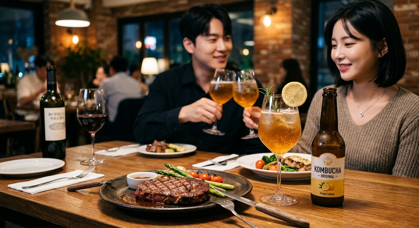 투명한 잔에 담긴 탄산감 있는 콤부차와 식사 테이블
