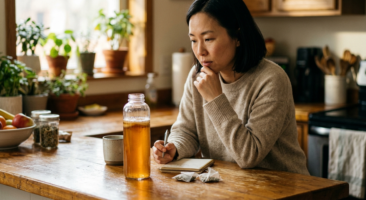 콤부차 한 잔과 함께 건강한 배변 습관을 떠올리게 하는 차분한 식탁 이미지