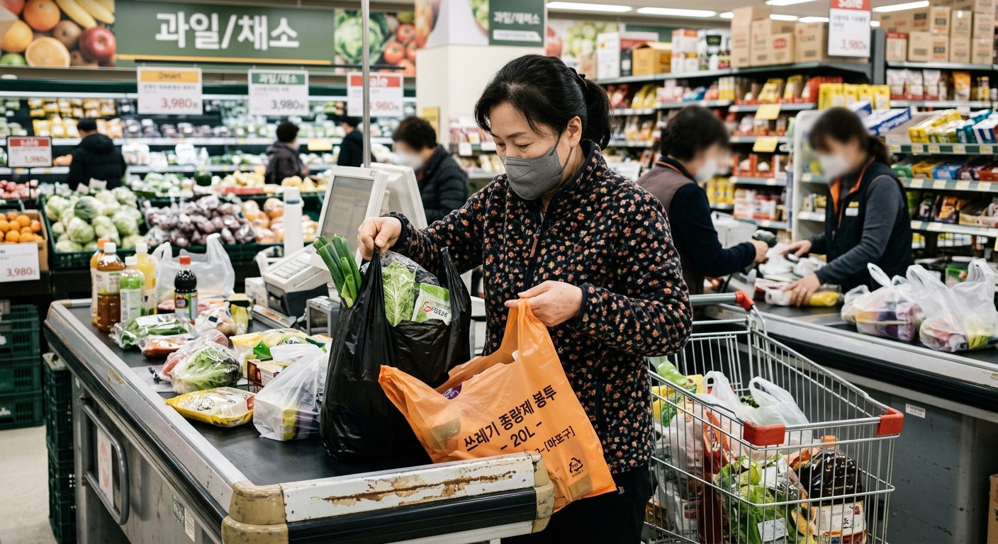 가격표가 붙은 종량제 봉투 상품을 바라보는 소비자