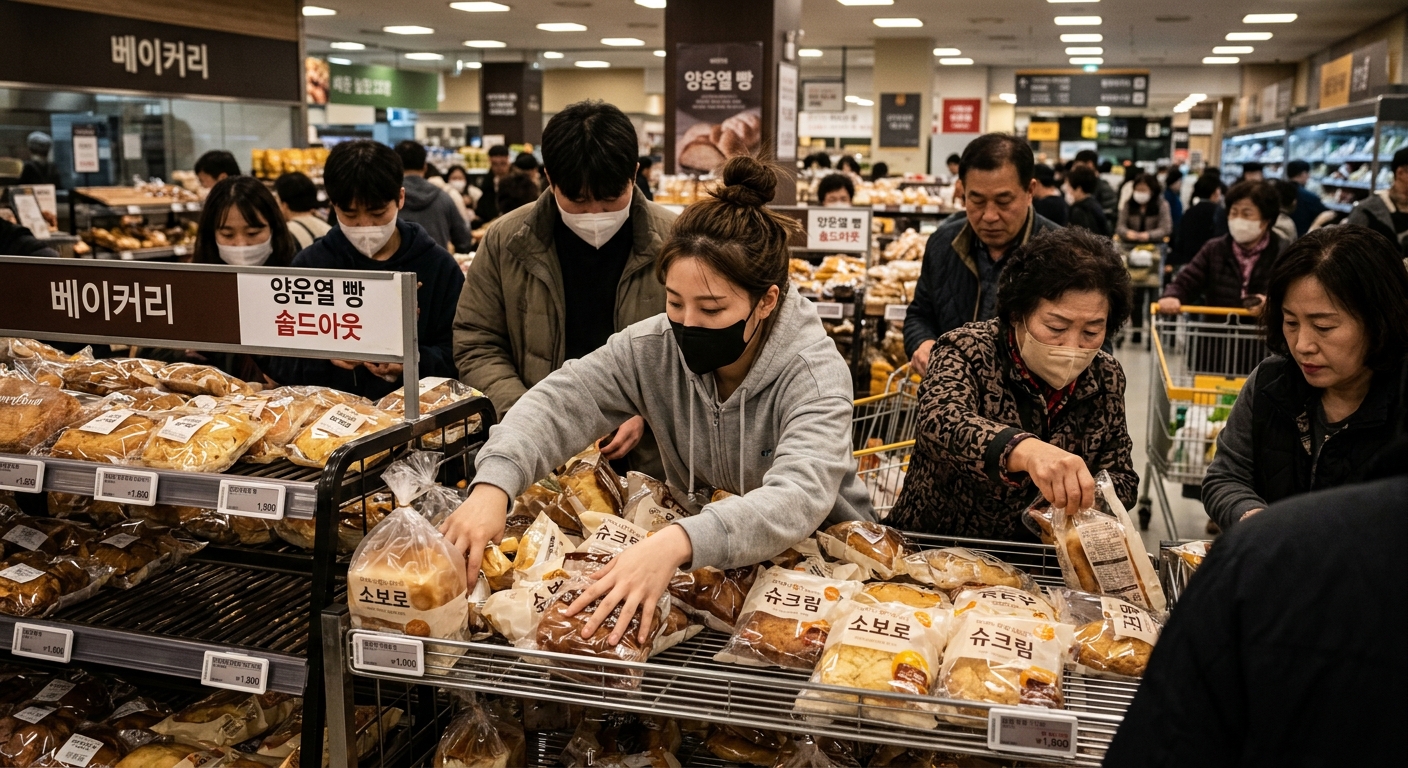 마트 진열대에서 빵 포장지를 하나씩 확인하는 소비자들