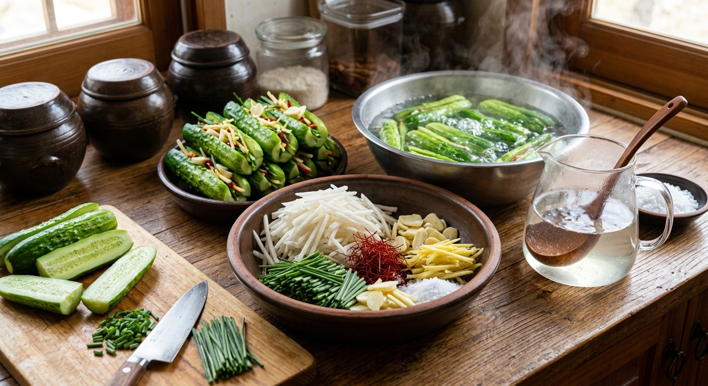 오이, 배, 양파, 잣, 마늘, 쪽파, 파프리카가 정갈하게 준비된 모습