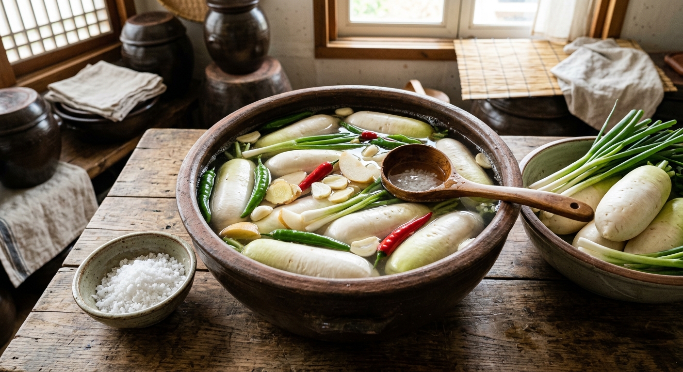 유리 용기에 담긴 무와 소금물로 만든 동치미 준비 과정