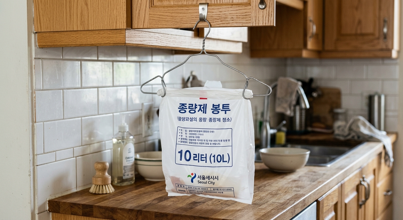 접착식 고리가 붙은 찬장 문 안쪽에 종량제 봉투를 건 옷걸이가 걸려 있는 모습