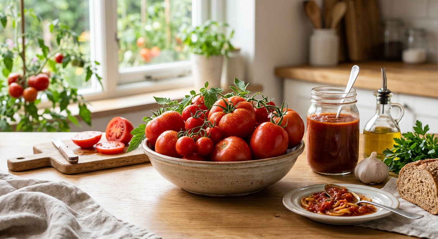 토마토와 건강한 식재료가 함께 놓인 전립선 건강 식단 이미지