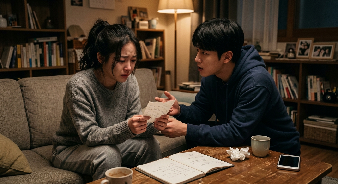 불안한 표정으로 상대의 말을 듣는 사람의 클로즈업 장면