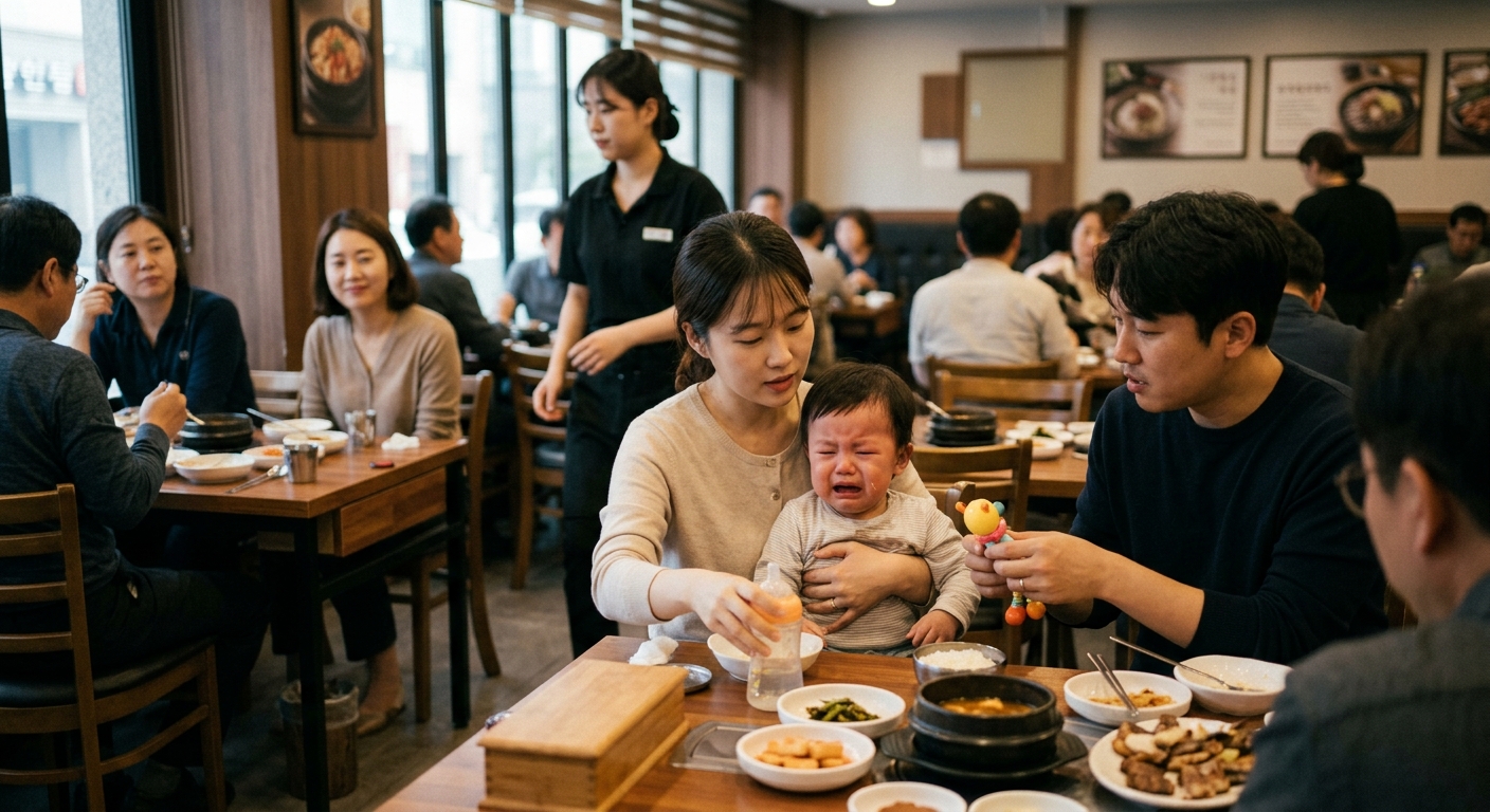 식당에서 우는 아이를 달래기 위해 밖으로 나가는 부모