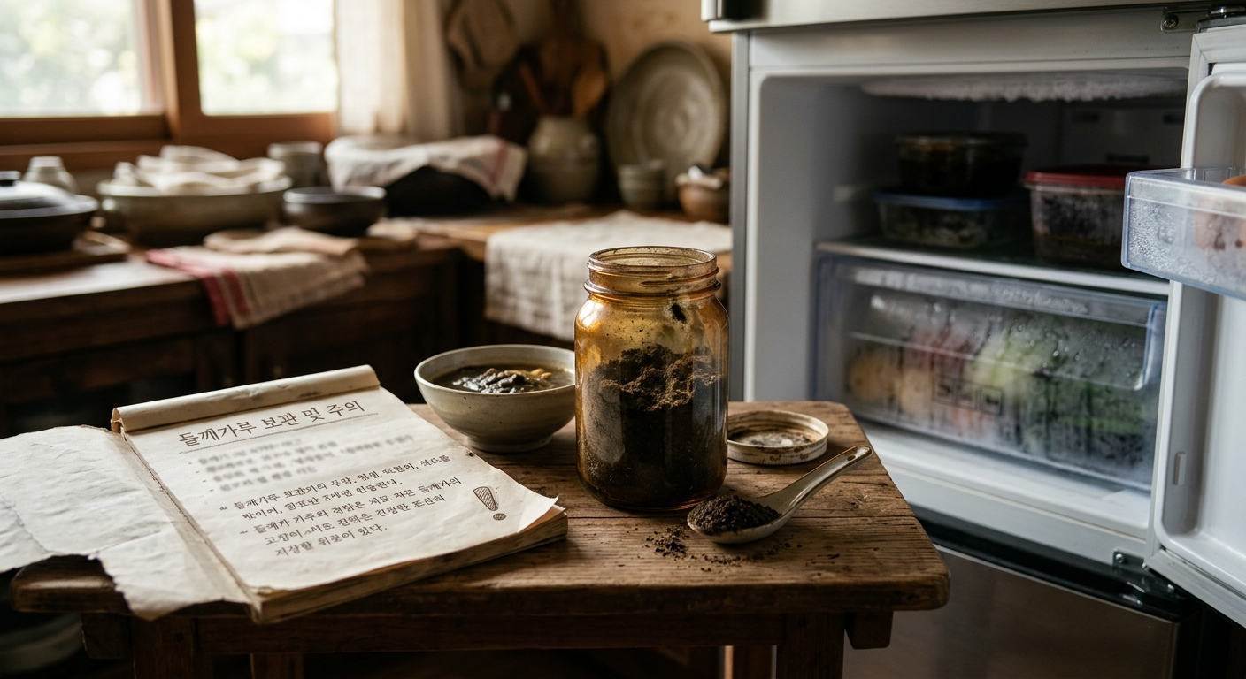 신선한 들깨가루와 변질된 들깨가루를 비교한 모습