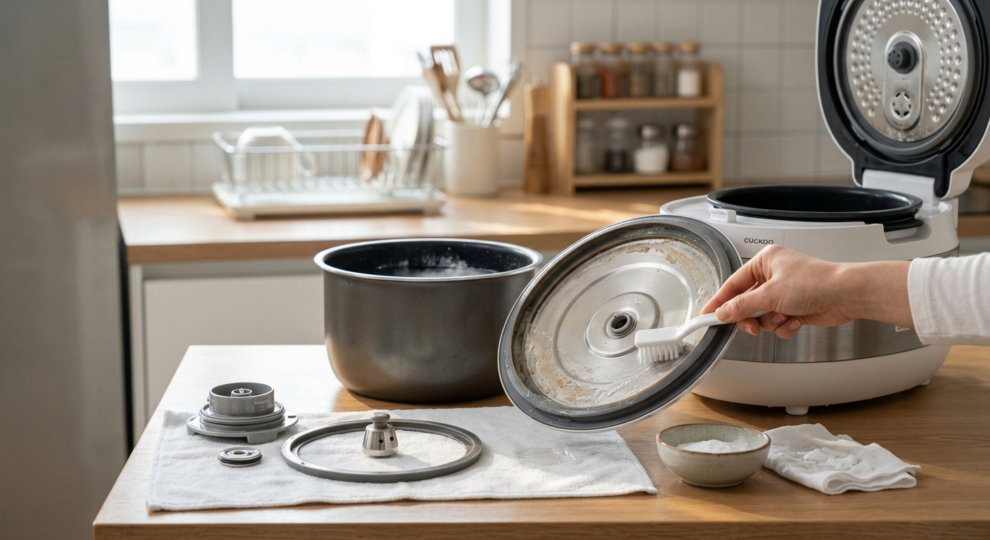 전기밥솥에서 분리한 커버와 패킹, 물받이를 나란히 놓은 모습