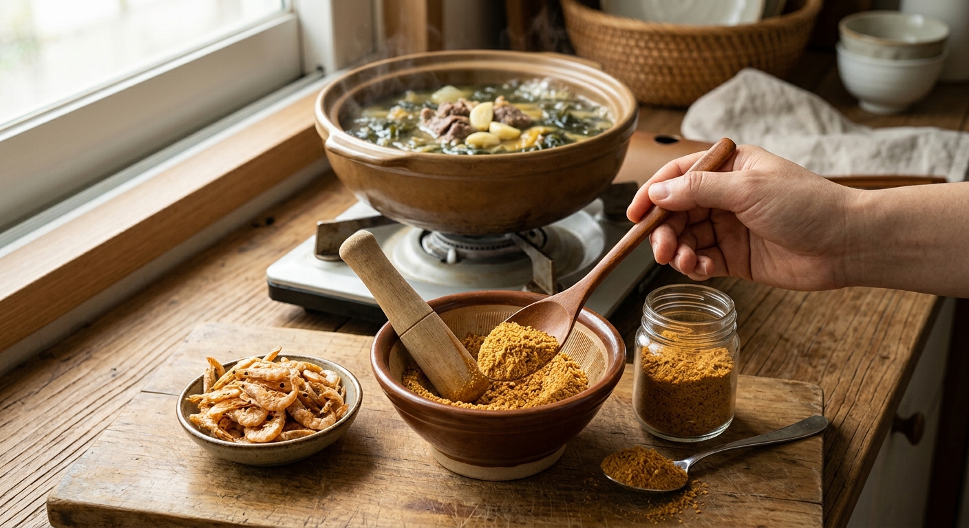 팬에 건새우를 덖은 후 믹서로 갈아 가루를 만드는 과정