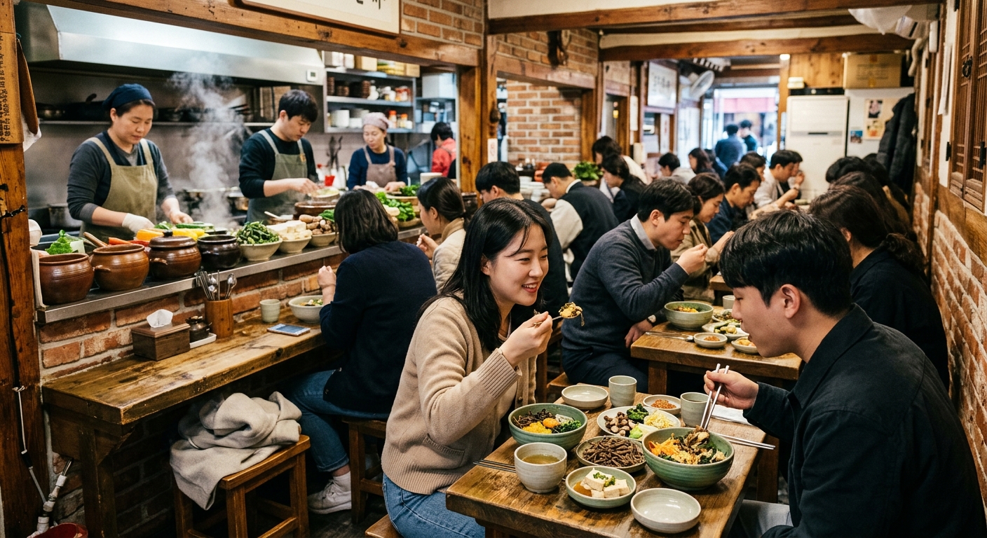 신당동 전통시장 골목 사이 채식 식당이 자리한 대비감 있는 거리 풍경