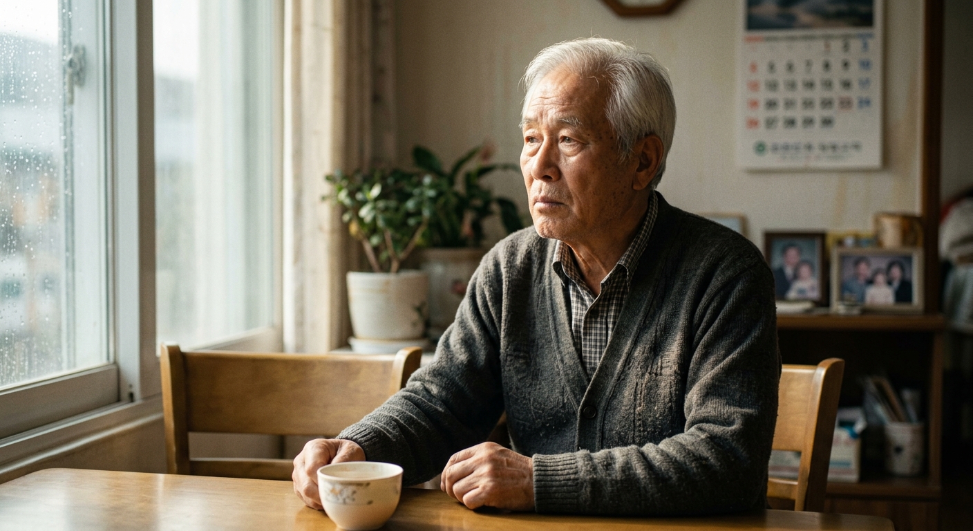 여러 사람 사이에서 홀로 생각에 잠긴 중장년 인물의 모습