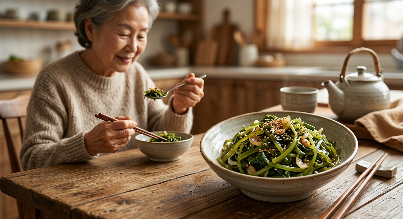 양파와 마늘을 곁들여 볶은 미역줄기 반찬 클로즈업