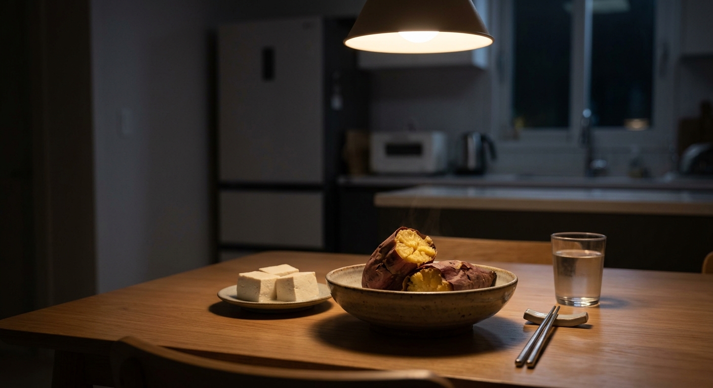 하얀 접시에 담긴 두부와 간단한 야식 구성