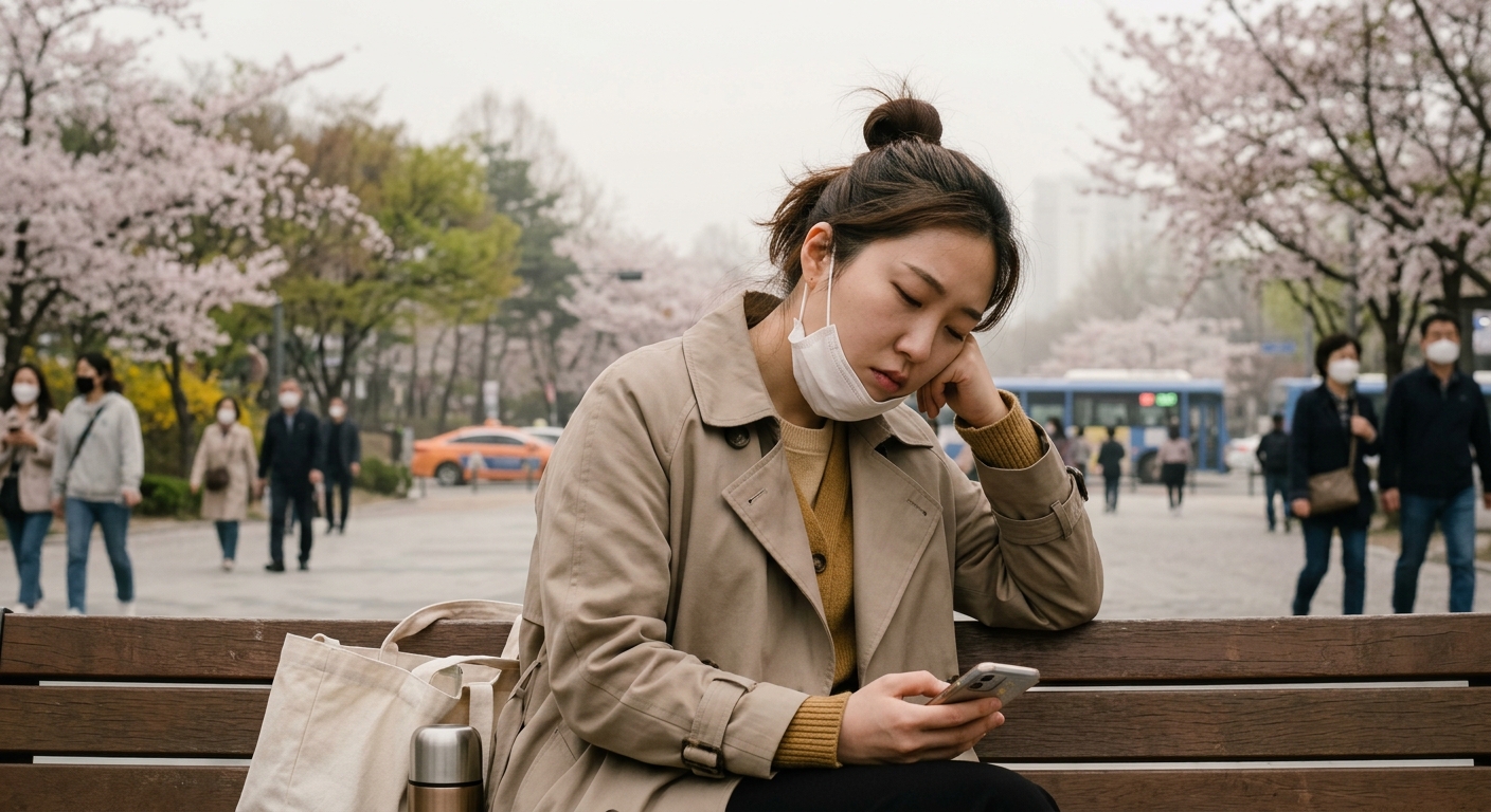 일교차 큰 봄날 얇은 옷을 여러 겹 입고 외출 준비하는 모습