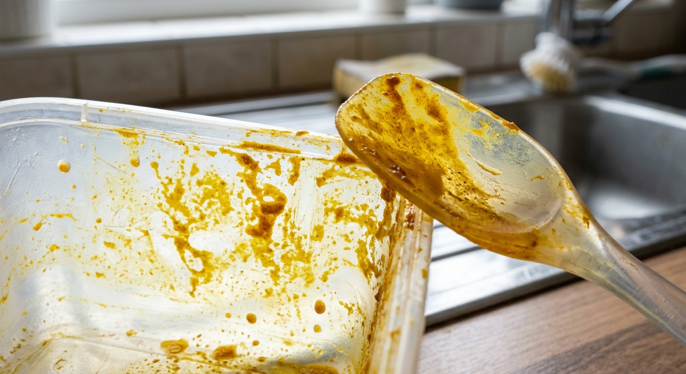 노랗게 착색된 플라스틱 반찬통과 깨끗한 유리 용기를 비교한 이미지